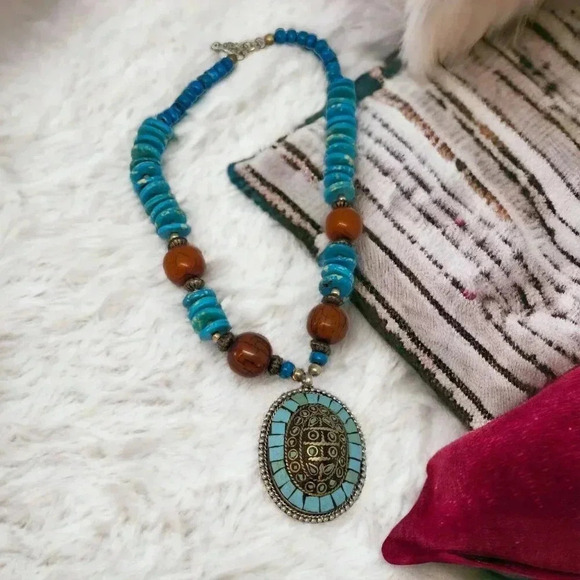 Chunky Wood Metal Bead Tirbal Pendant Necklace Princess Length - Picture 1 of 7